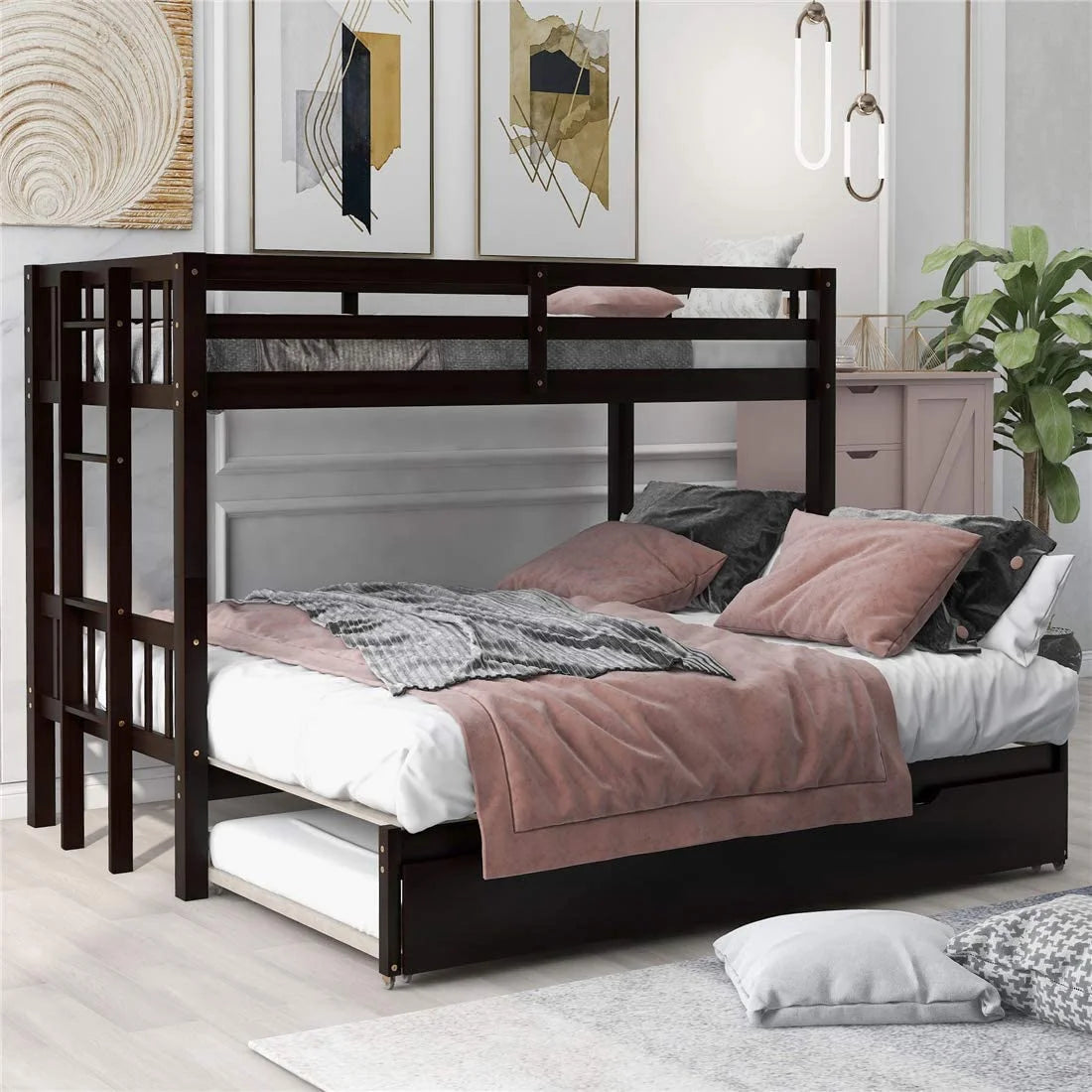 Twin Over Twin/King Wooden Bunk Beds with Trundle and Ladder E9685