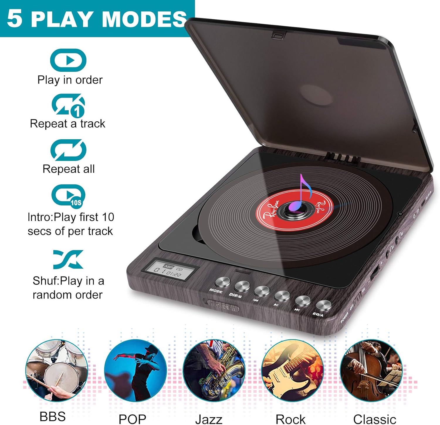 Portable Rechargeable CD Player with Dual Headphones Jack M185328
