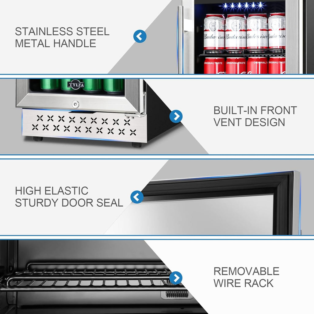 Mini Fridge 15 Inch Beverage Refrigerator Cooler, 130 Can, Glass Door L7321