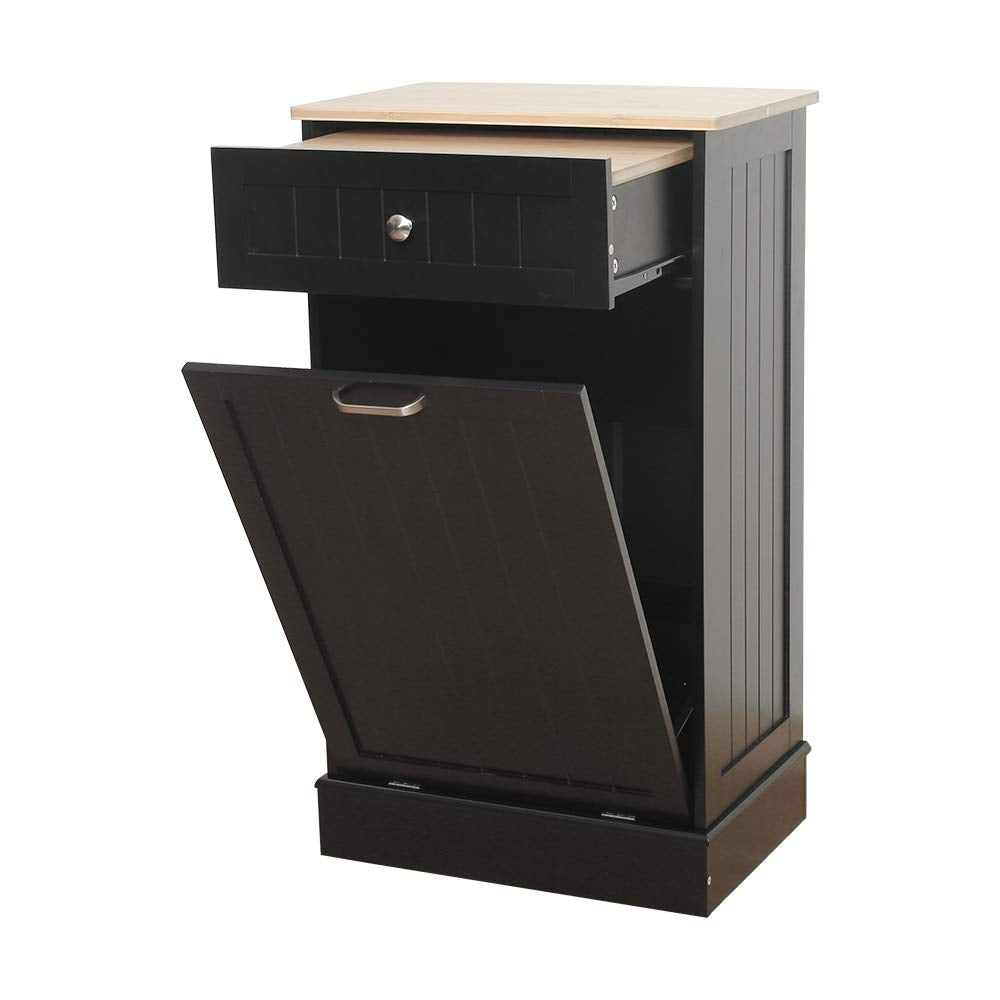 Black Wooden Tilt Out Trash Cabinet with Hideaway Drawer and Removable Bamboo Cutting Board I80756