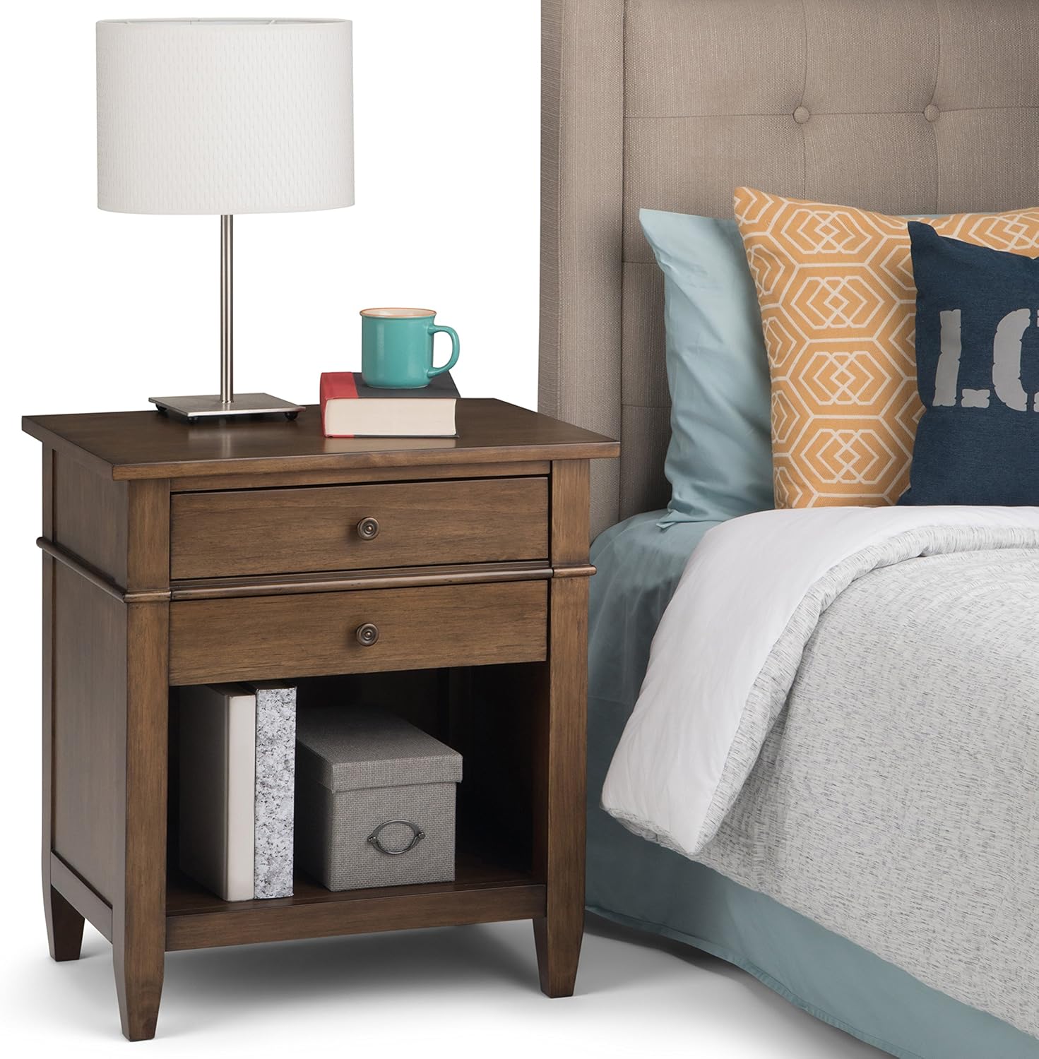 White Solid Wood 2 Drawer Night Stand with Shelf F9979