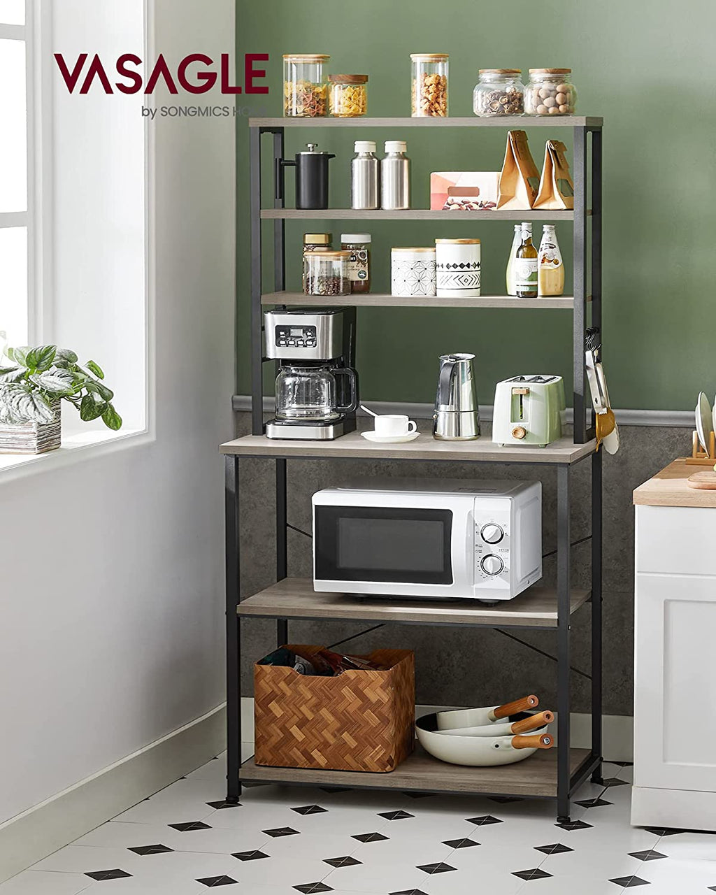 6-Tier Greige and Black Kitchen Shelves with 6 Hooks L8529