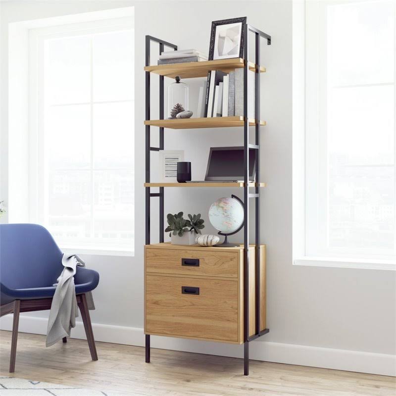 4-Shelf Wall-Mounted Bookcase with Drawers Serene Walnut P91674