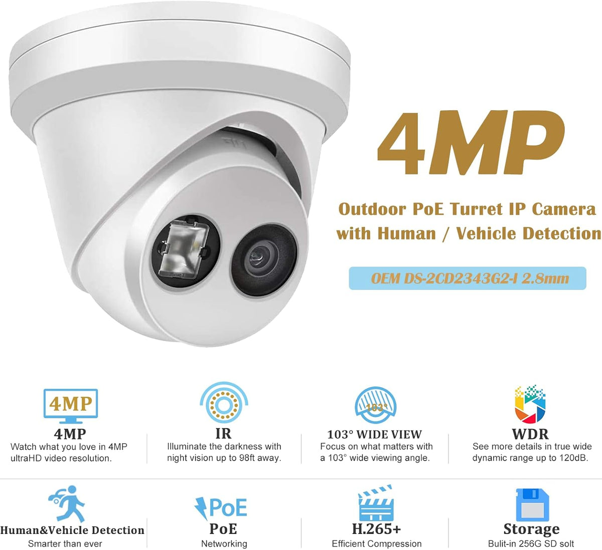 4MP PoE Outdoor Turret IP Camera with 98ft Night Vision, IP67 Waterproof, 256GB Micro SD Storage V71283