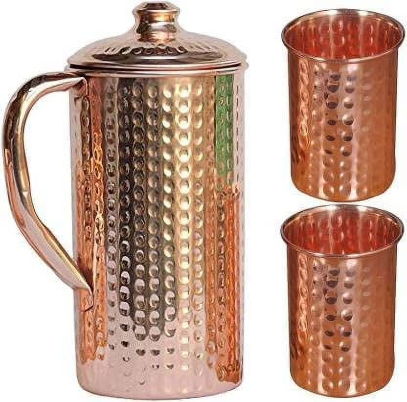 Copper Hammered Pitcher Vessel with 2 Copper Glasses, 1500 ML I5646