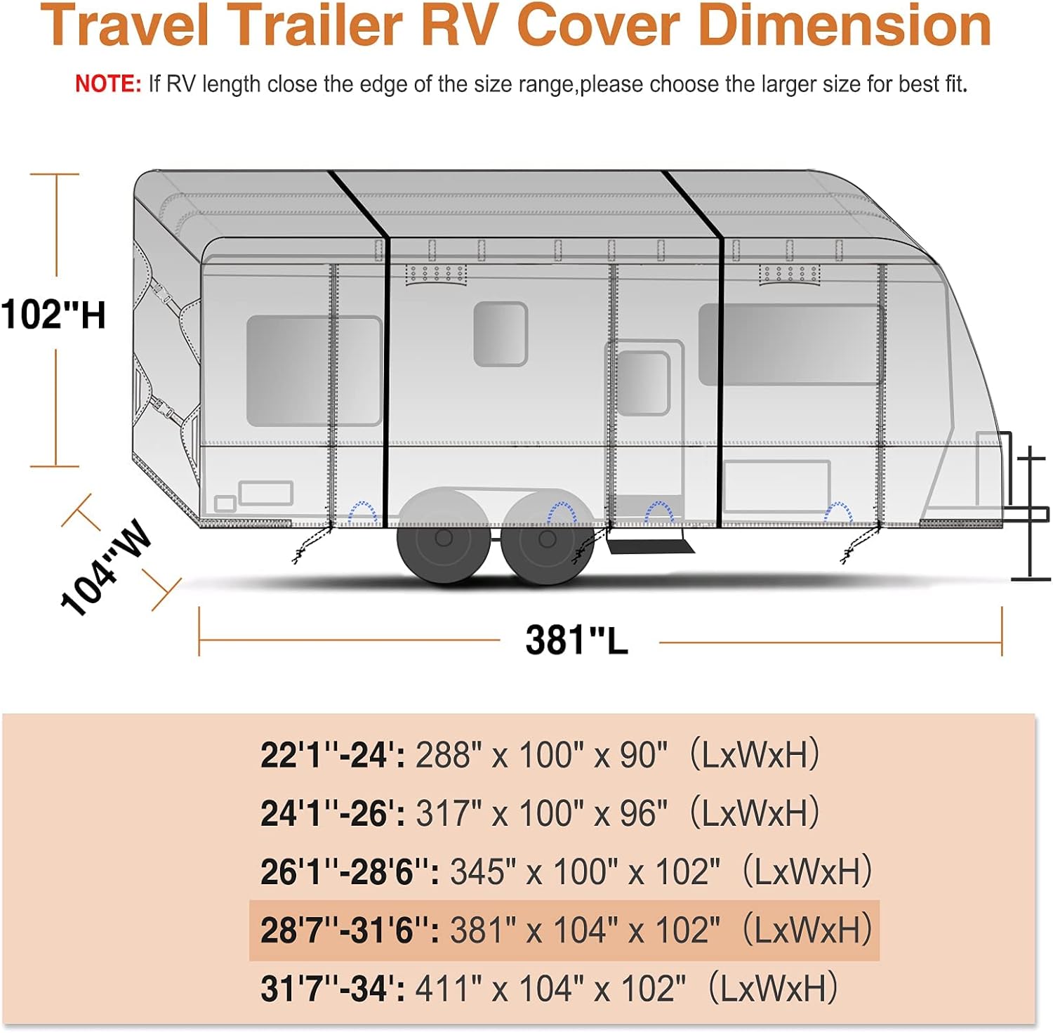 Waterproof Travel Trailer RV Cover with 4 Gutter Spout Covers E305