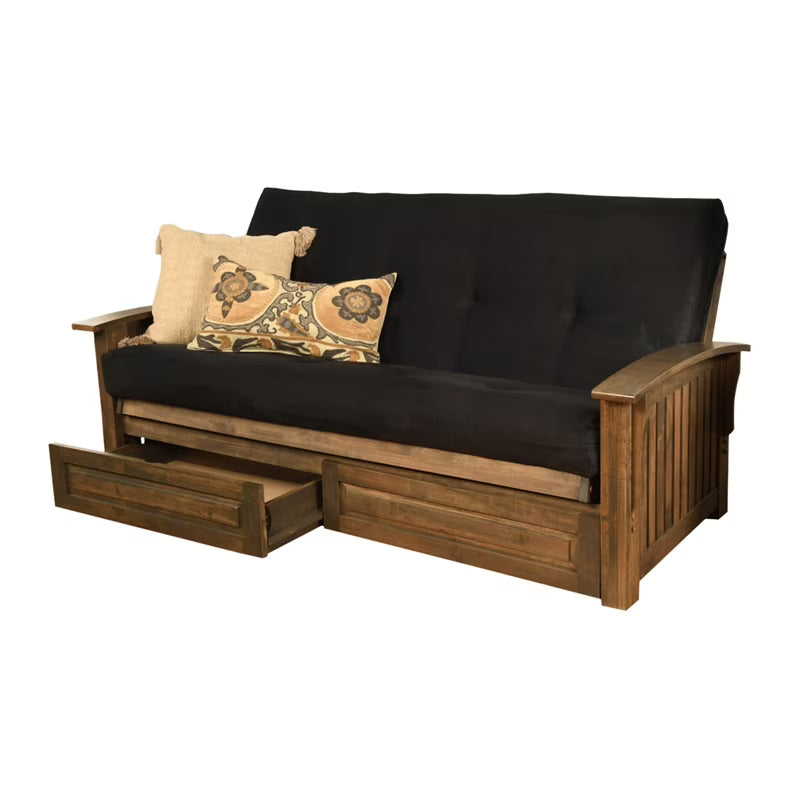 Walnut Futon with Drawers and Suede Black Mattress A483