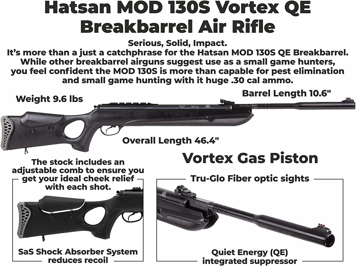 Hatsan Mod 130S Vortex QE .30 Cal Break Barrel Air Rifle and Pellets and Hat Bundle P6922