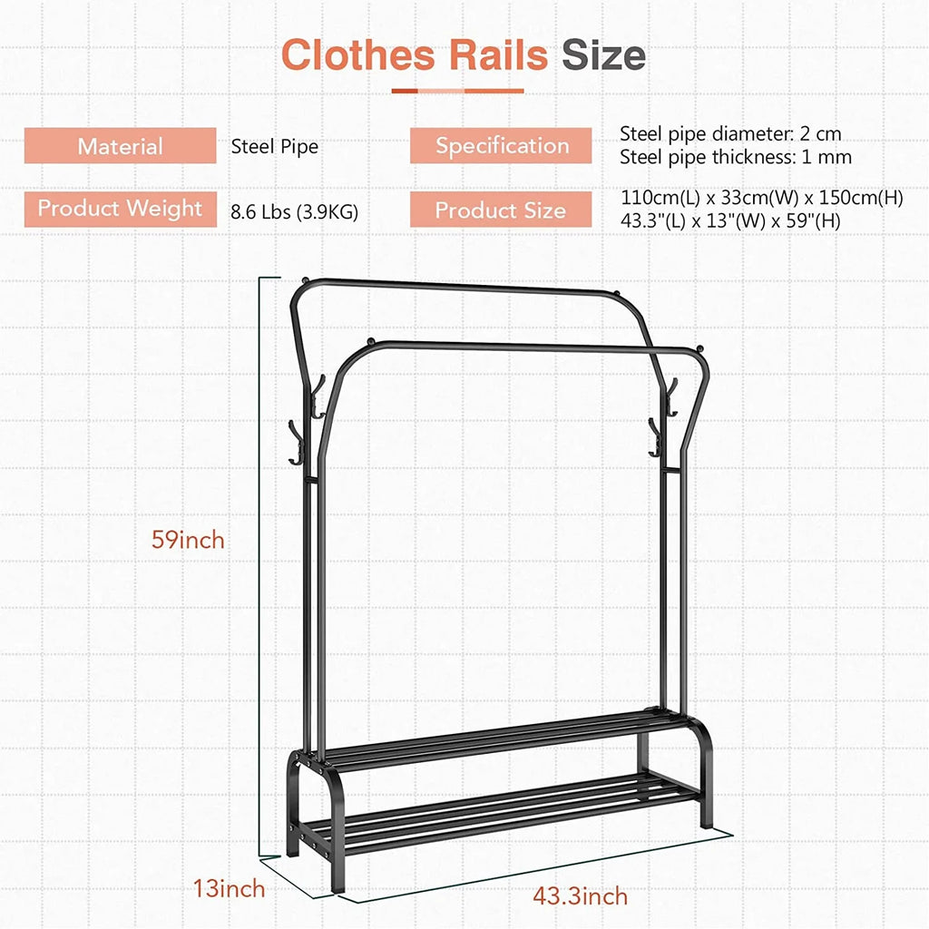 Black Freestanding Metal Double Rail Clothes Stand with 8 Hangers and 2 Shoe Shelves Y4252