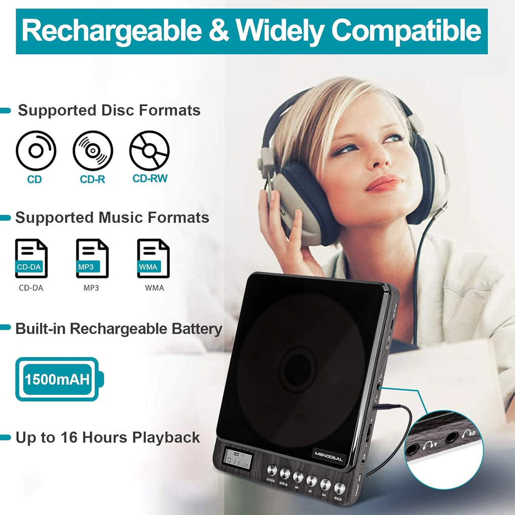 Portable Rechargeable CD Player with Dual Headphones Jack M185328