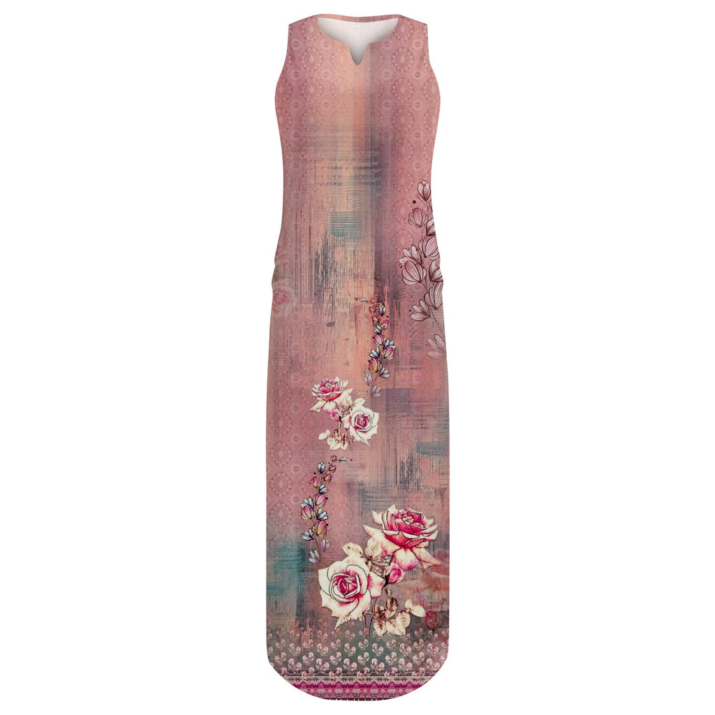 Plus Size Sleeveless Print V Neck Loose Long Sundress with Pockets B116529