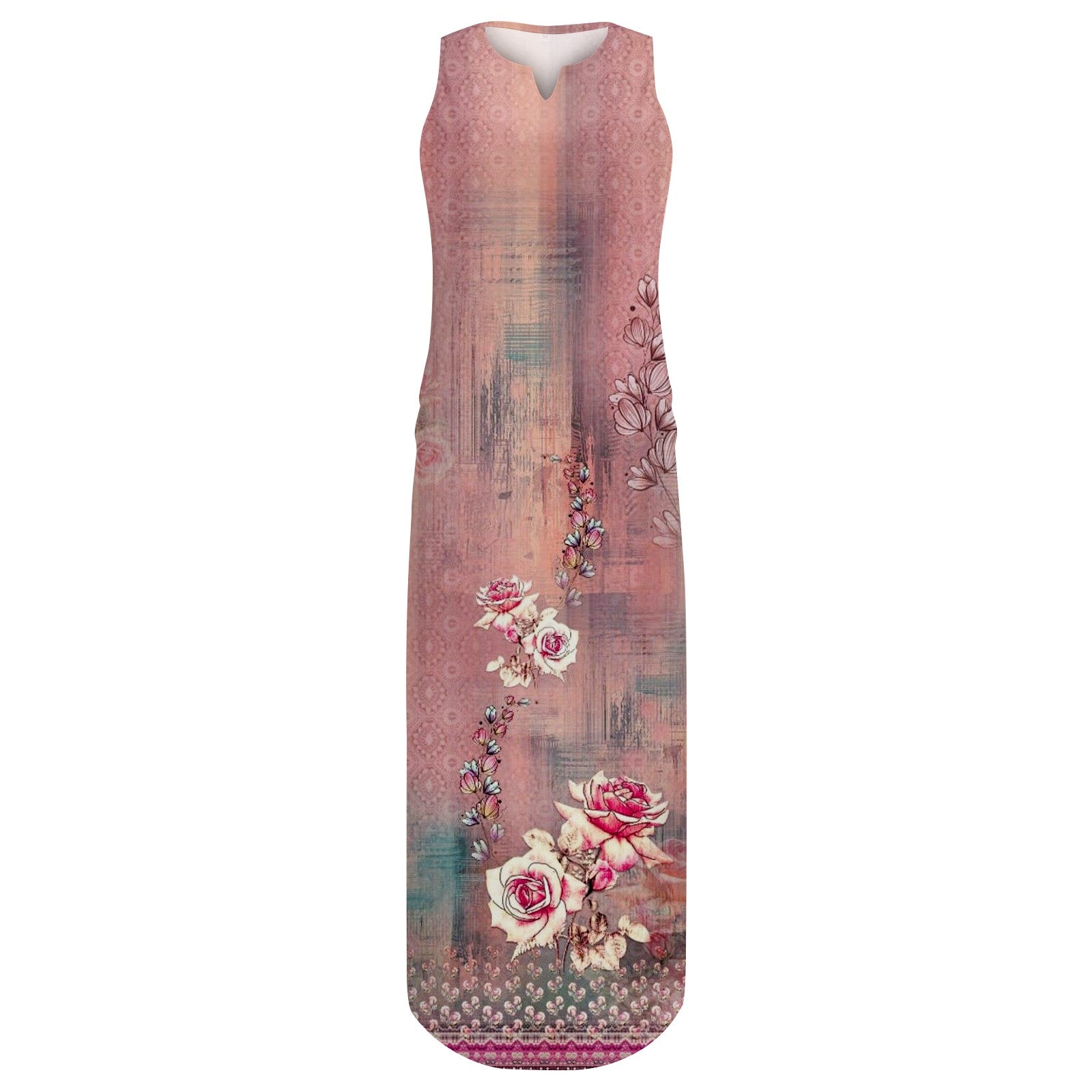 Plus Size Sleeveless Print V Neck Loose Long Sundress with Pockets B116529