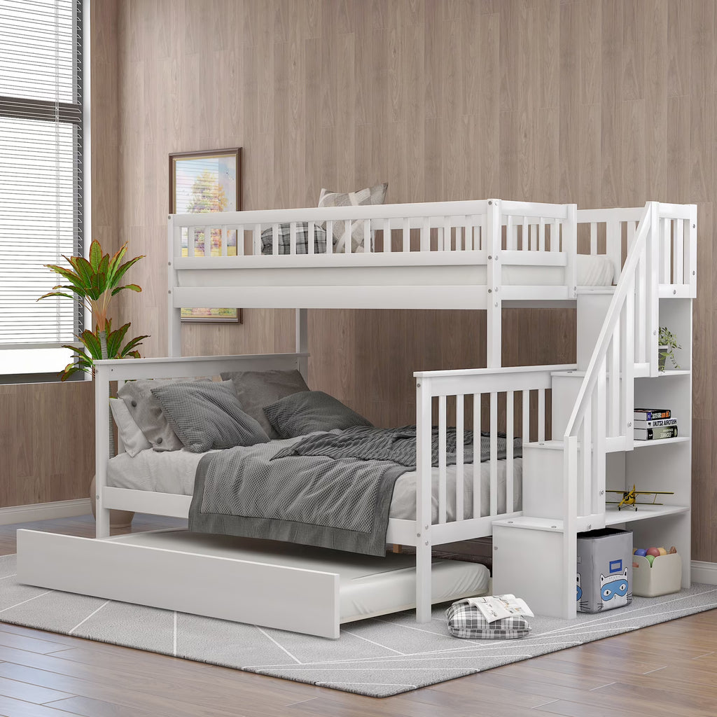Twin Over Full Bunk Bed with Trundle and Stairs, White X43041