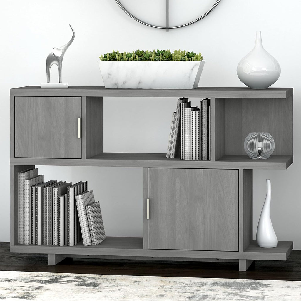 Low Geometric Bookcase with Doors in Modern Gray P99087