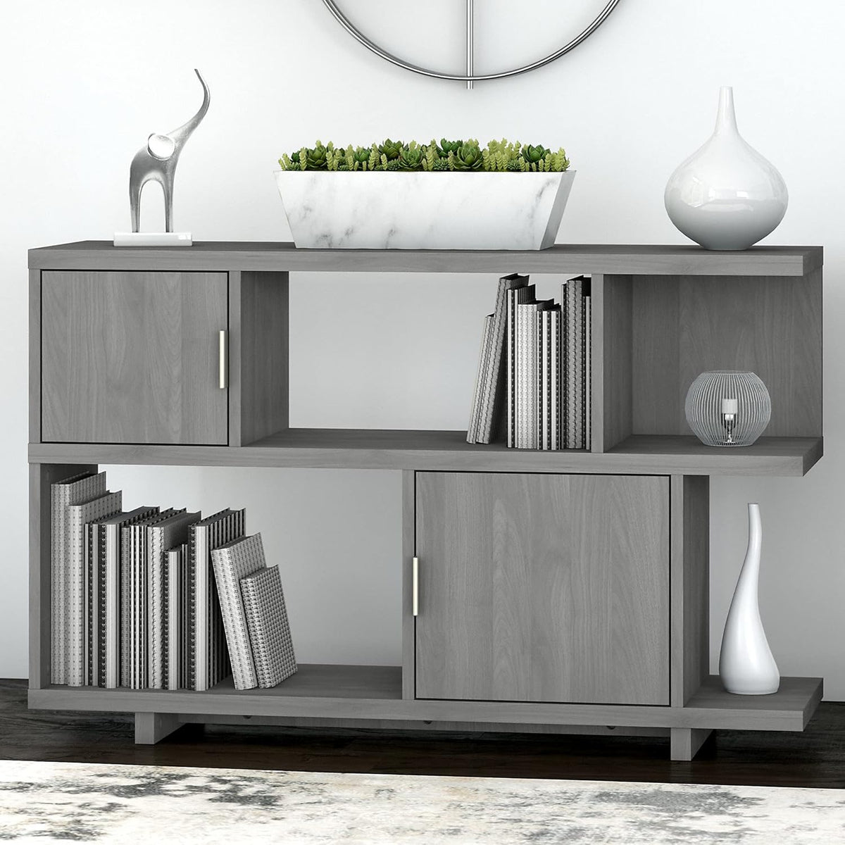 Low Geometric Bookcase with Doors in Modern Gray P99087