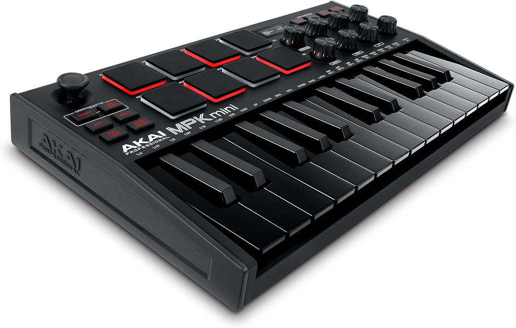 25 Key USB MIDI Keyboard Controller with 8 Backlit Drum Pads, 8 Knobs (White) R4455