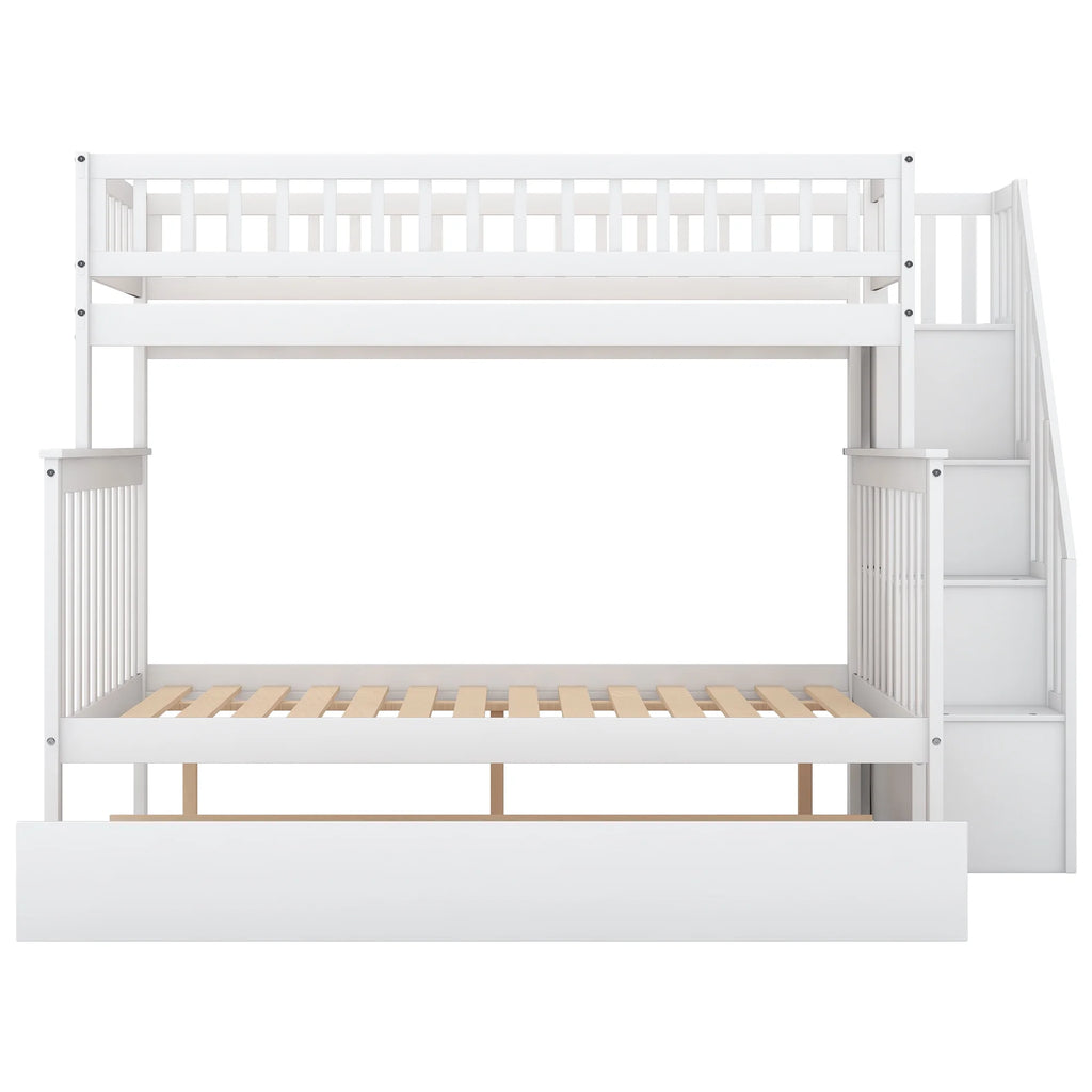 Twin Over Full Bunk Bed with Trundle and Stairs, White X43041
