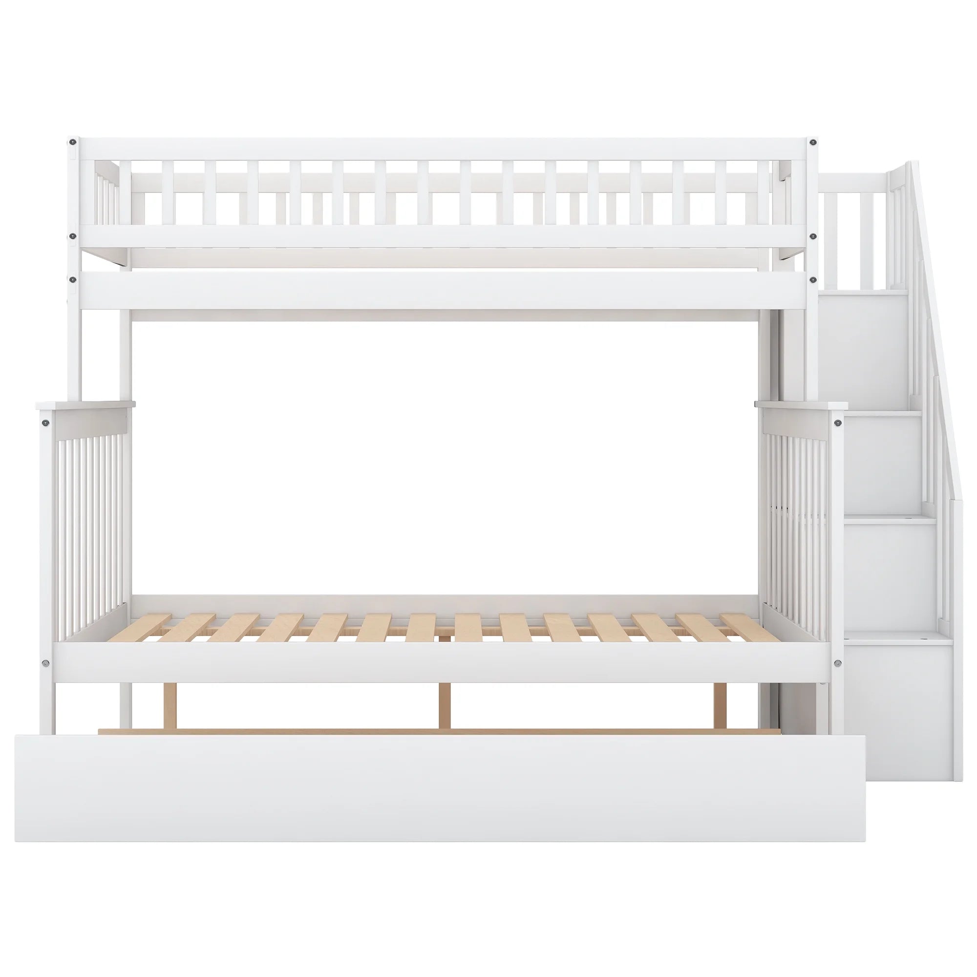 Twin Over Full Bunk Bed with Trundle and Stairs, White X43041