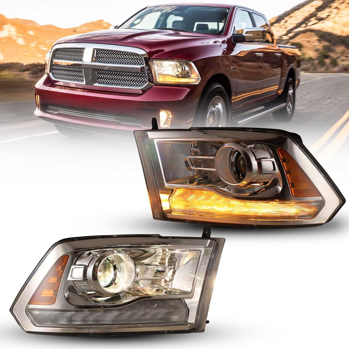 Black LED Headlights Assembly for Dodge Ram Pickup, Pair O138