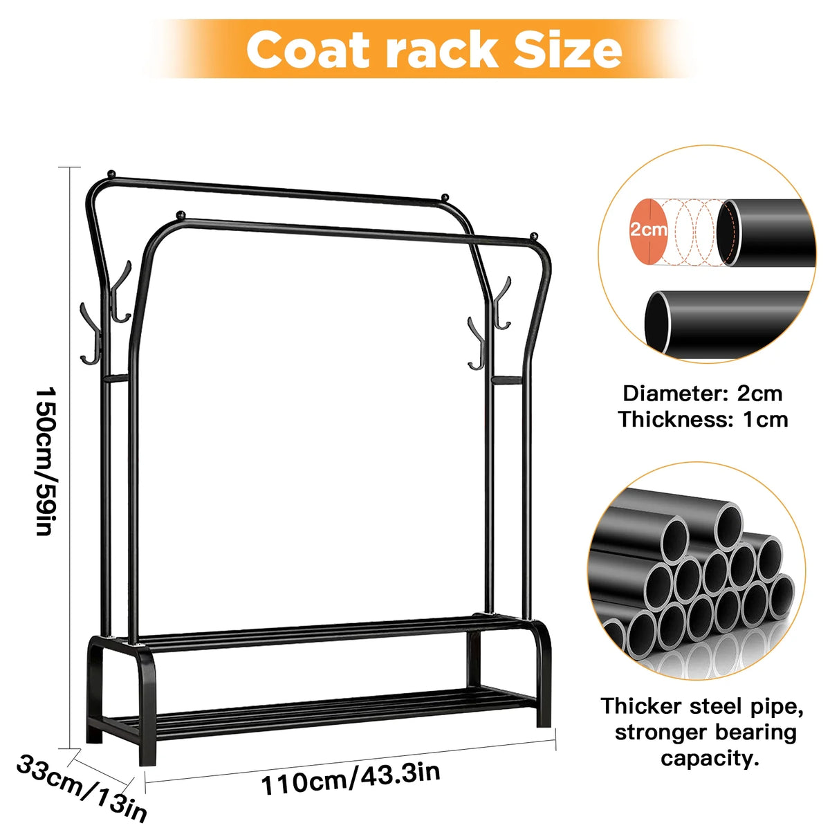 Black Freestanding Metal Double Rail Clothes Stand with 8 Hangers and 2 Shoe Shelves Y4252