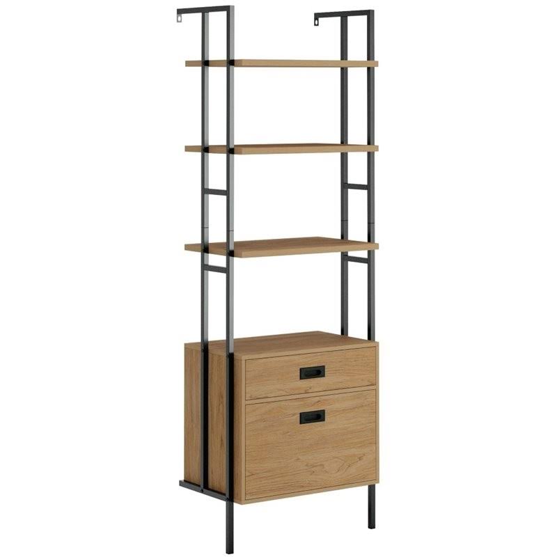 4-Shelf Wall-Mounted Bookcase with Drawers Serene Walnut P91674