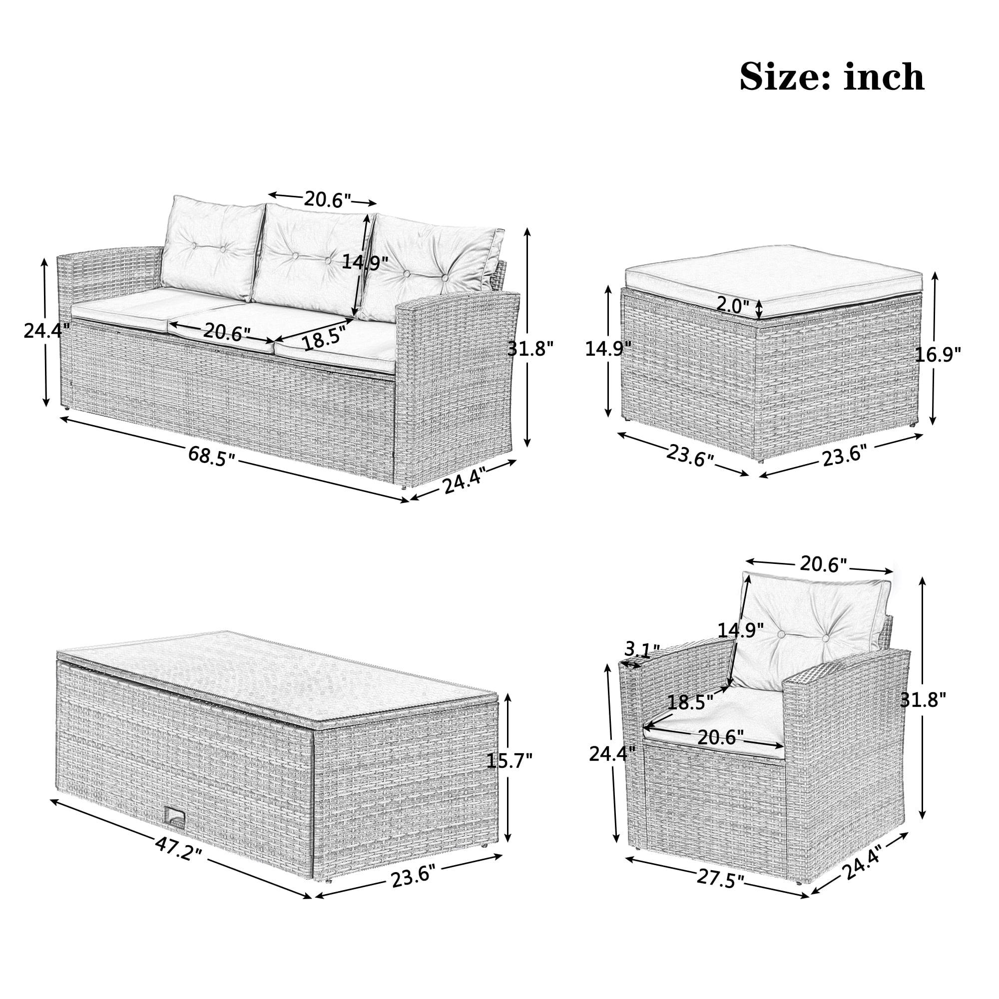 6-piece All-weather Wicker Patio Dining Sectional Set with Coffee Table, Ottomans, Removable Cushions J39700