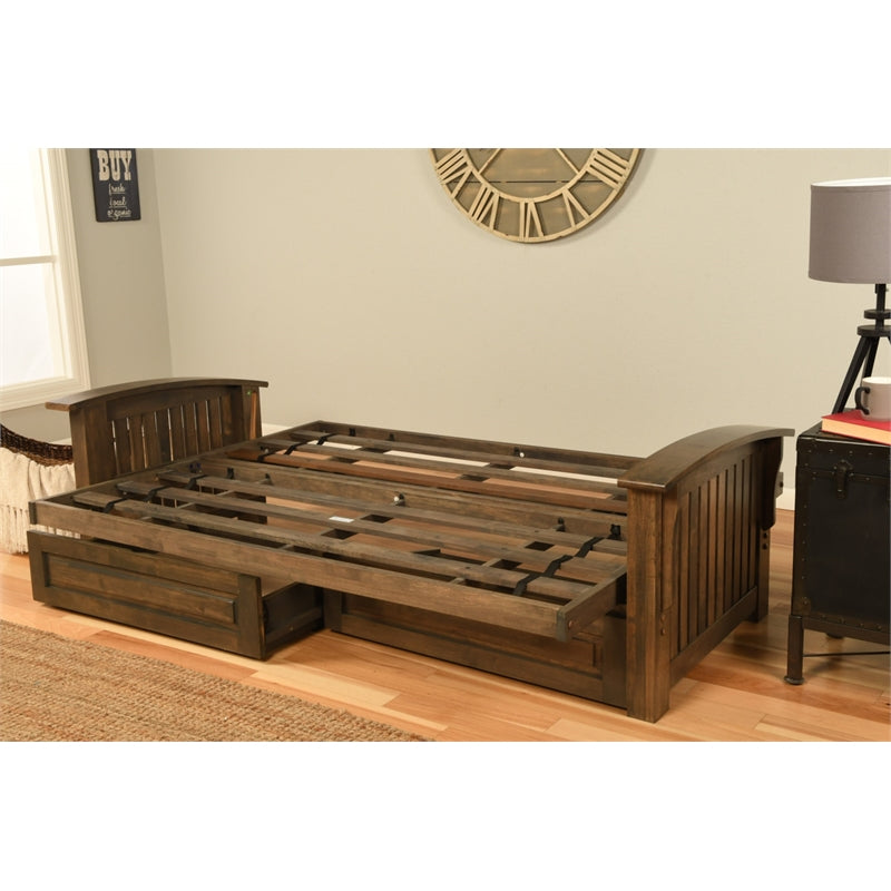 Walnut Futon with Drawers and Suede Black Mattress A483