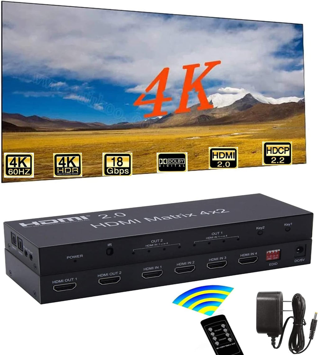 4K HDMI 2.0 Matrix 4X2 Switch with Optical & L/R 3.5mm Output, IR Remote Control, Pack of 2 H9008