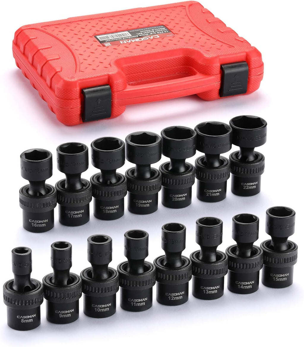 15 PCS 3/8 Drive Shallow Universal Impact Socket Set, 6 Point, Metric, 8-22mm W827