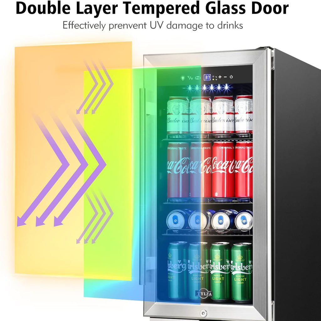 Mini Fridge 15 Inch Beverage Refrigerator Cooler, 130 Can, Glass Door L7321