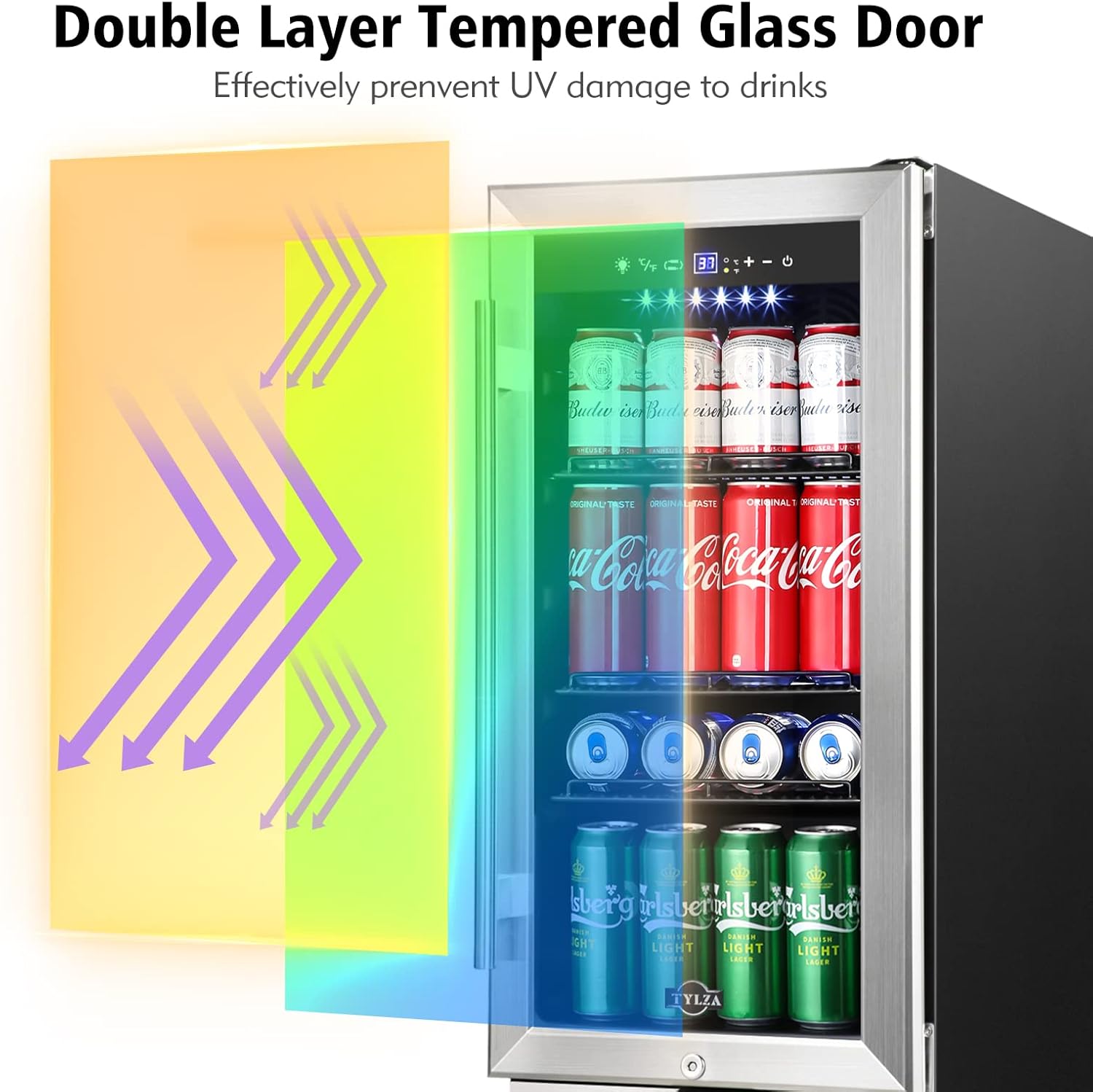 Mini Fridge 15 Inch Beverage Refrigerator Cooler, 130 Can, Glass Door L7321