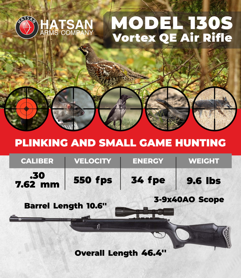 Hatsan Mod 130S Vortex QE .30 Cal Break Barrel Air Rifle and Pellets and Hat Bundle P6922