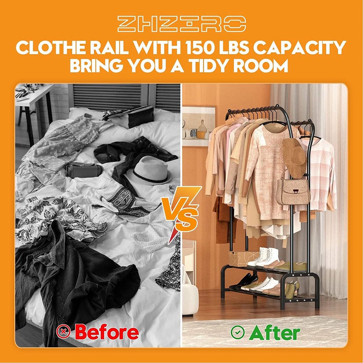 Black Freestanding Metal Double Rail Clothes Stand with 8 Hangers and 2 Shoe Shelves Y4252