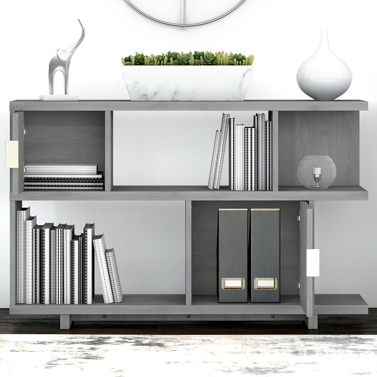 Low Geometric Bookcase with Doors in Modern Gray P99087