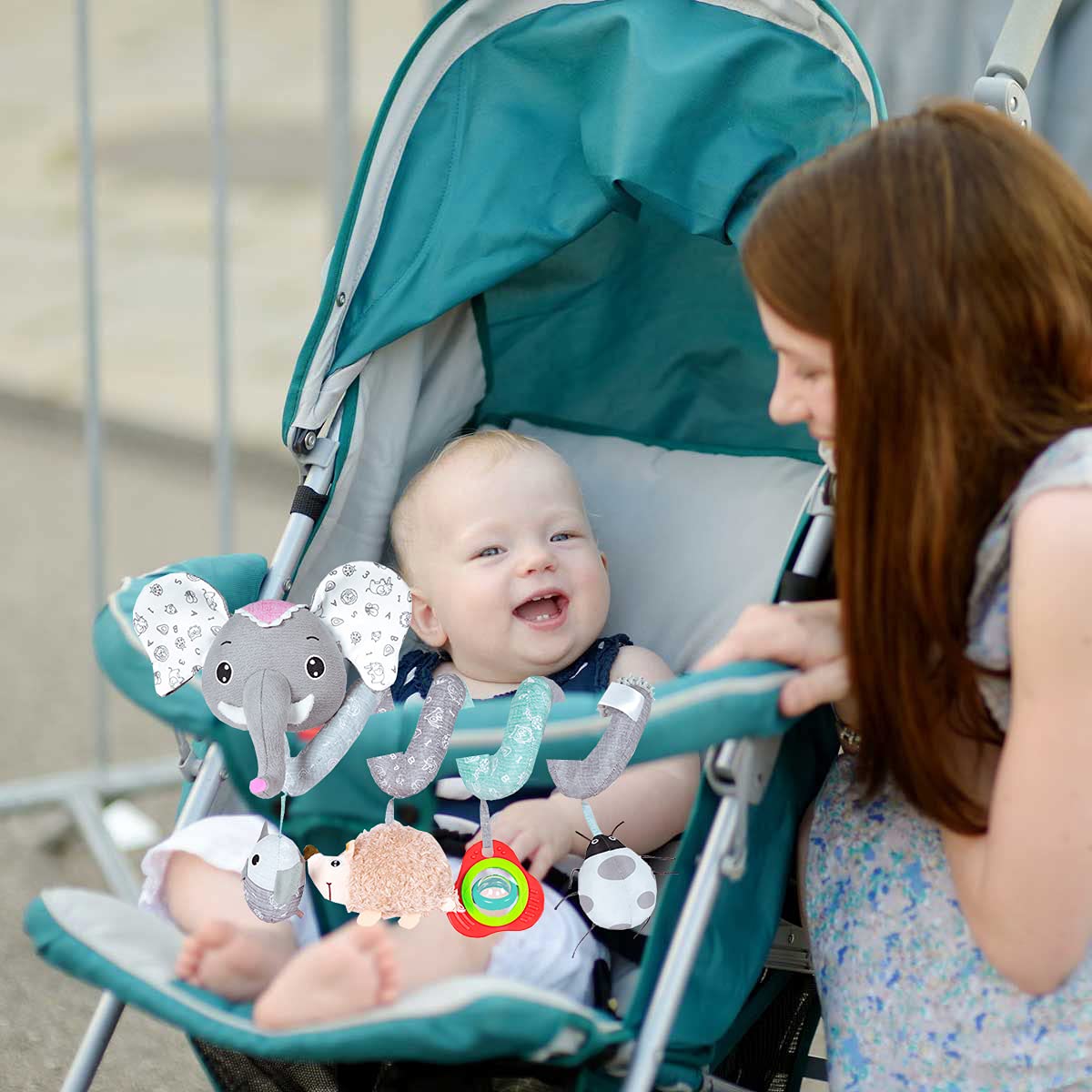 Gray Elephant Baby Car Seat Toys with Musical Owl Rattles Hedgehog Beep Ladybird Squeaker V238128