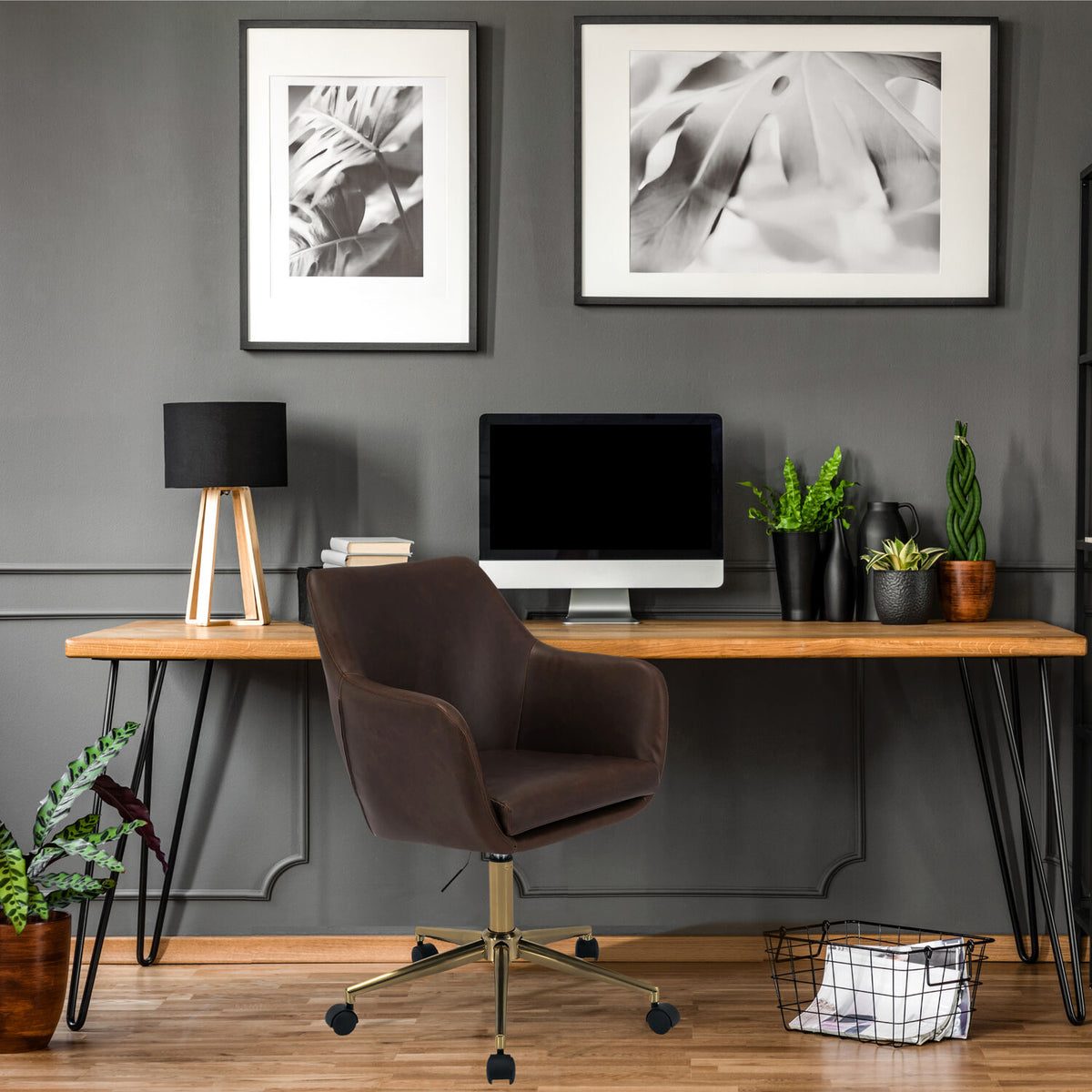 Tufted Office Chair in Faux Brown Leather with Wheels I475