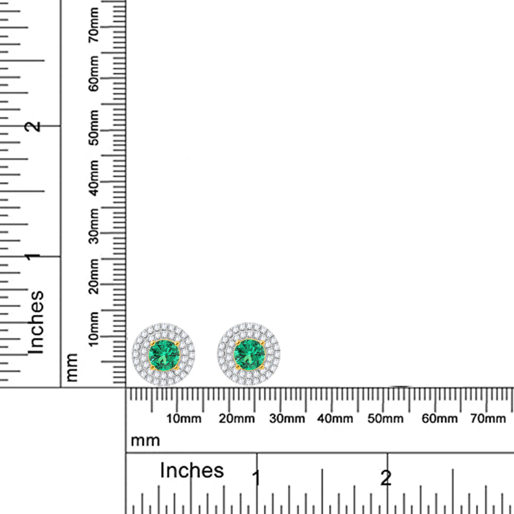 3 Carat Round Green Emerald and Natural Diamond Double Halo Stud Earrings in 18K Yellow Gold Plated O14296
