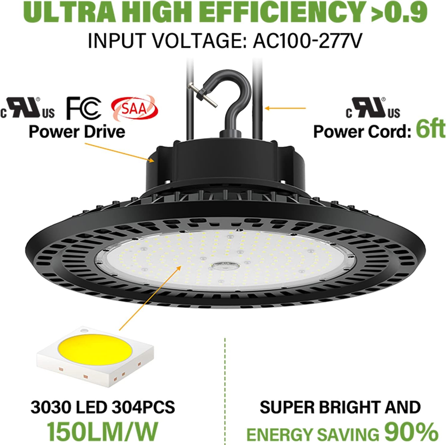 LED High Bay Light 240W UFO 5000K 36,000LM, 0-10V Dimmable, UL Certified Driver IP65, Hook Mount X184
