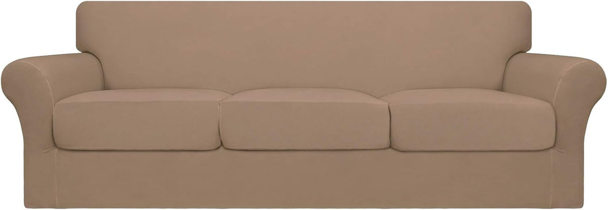 4 Pieces Stretch Sofa Slipcover for 3 Separate Cushion Couch, Camel W581810