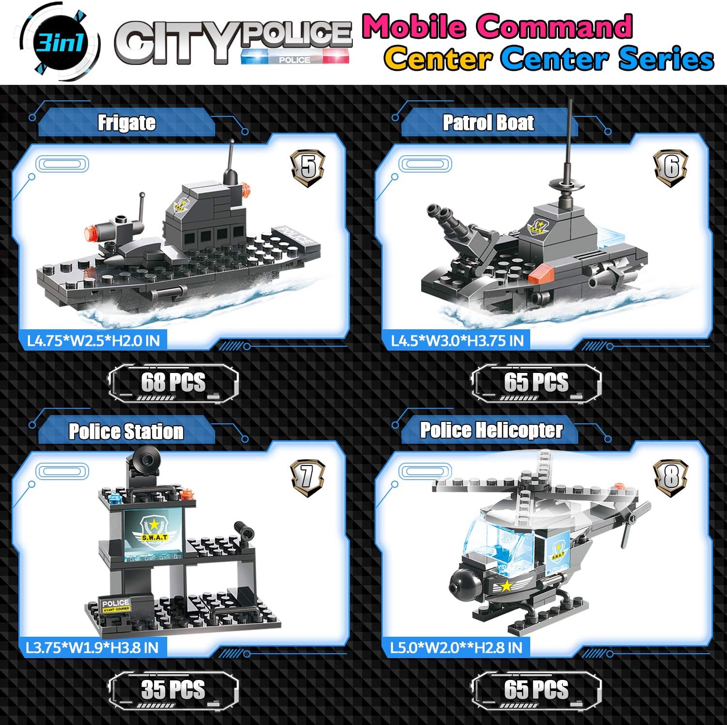 1110 PCS SWAT City Police Station Mobile Command Center Truck Car Building Blocks Set with Storage Box I866760