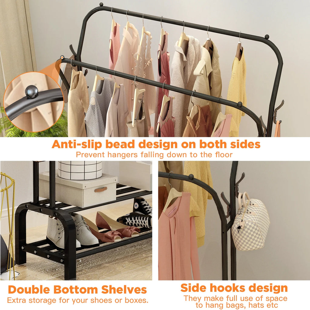 Black Freestanding Metal Double Rail Clothes Stand with 8 Hangers and 2 Shoe Shelves Y4252