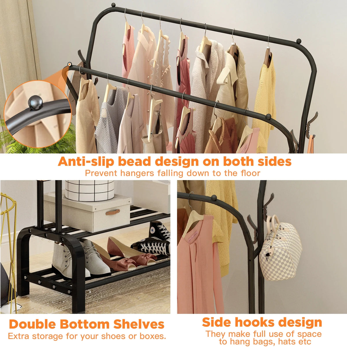Black Freestanding Metal Double Rail Clothes Stand with 8 Hangers and 2 Shoe Shelves Y4252