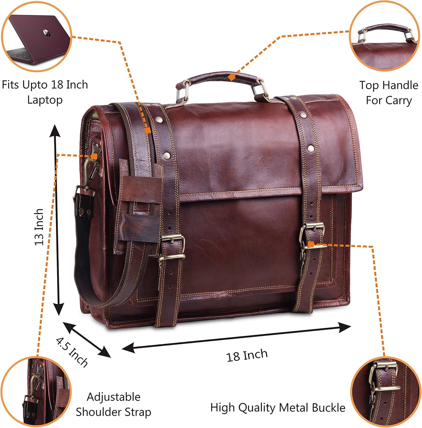 Vintage Full Grain Leather Messenger Bag 18 inches T7382