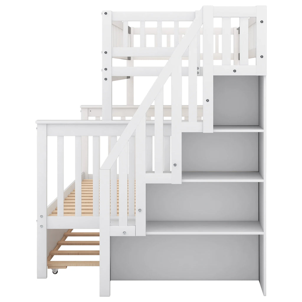 Twin Over Full Bunk Bed with Trundle and Stairs, White X43041