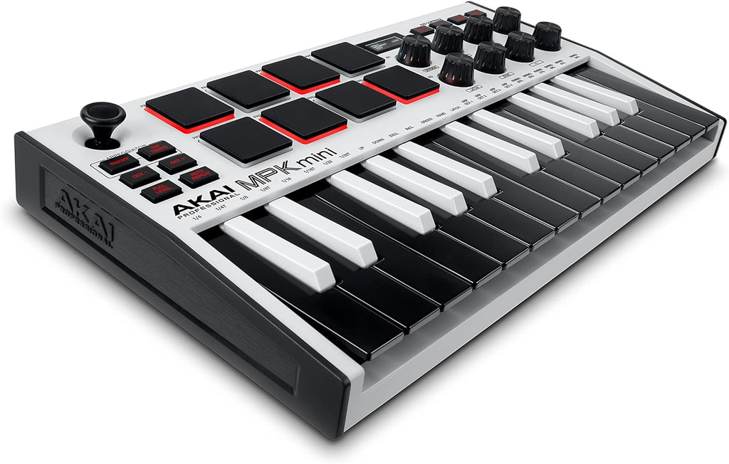 25 Key USB MIDI Keyboard Controller with 8 Backlit Drum Pads, 8 Knobs (White) R4455