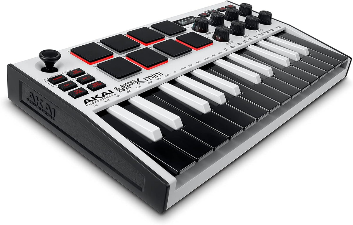 25 Key USB MIDI Keyboard Controller with 8 Backlit Drum Pads, 8 Knobs (White) R4455