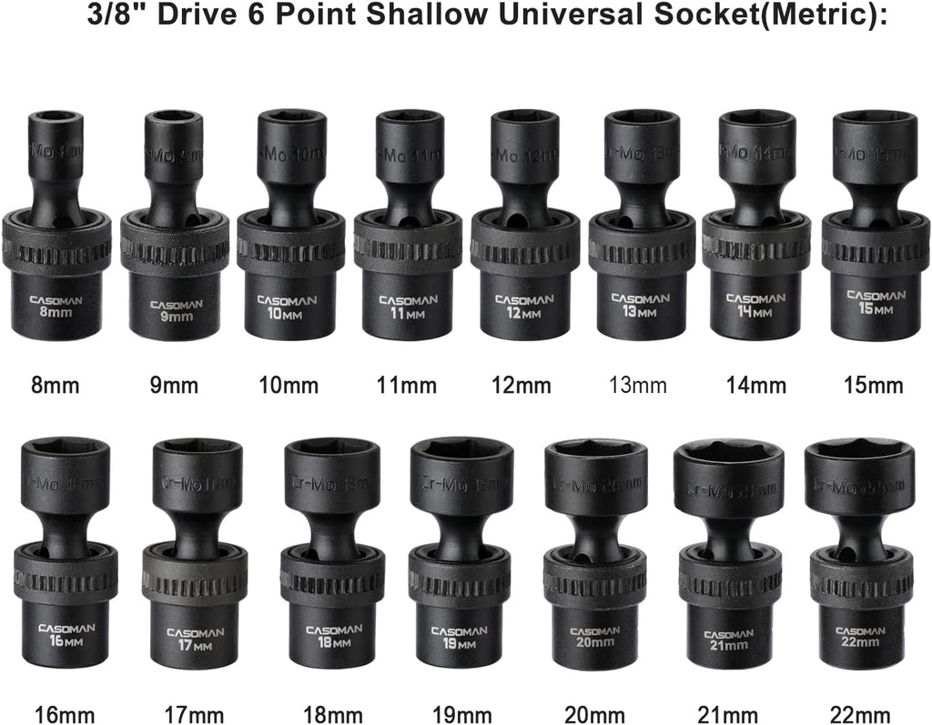 15 PCS 3/8 Drive Shallow Universal Impact Socket Set, 6 Point, Metric, 8-22mm W827