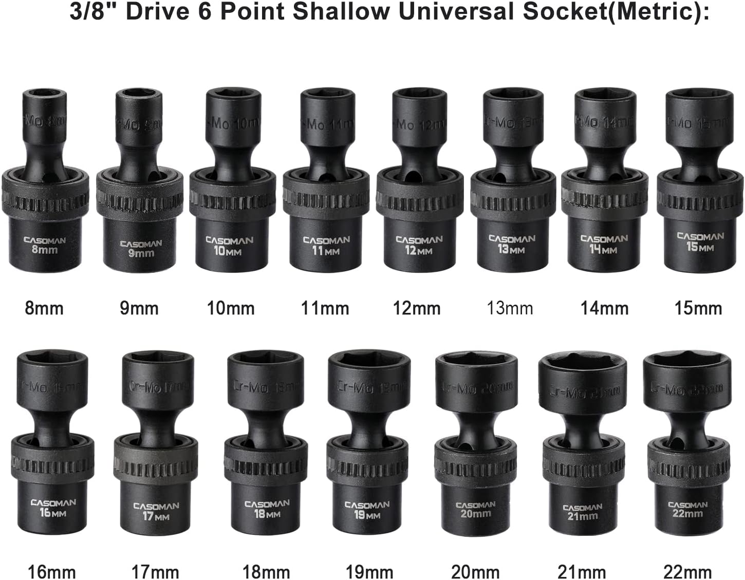 15 PCS 3/8 Drive Shallow Universal Impact Socket Set, 6 Point, Metric, 8-22mm W827