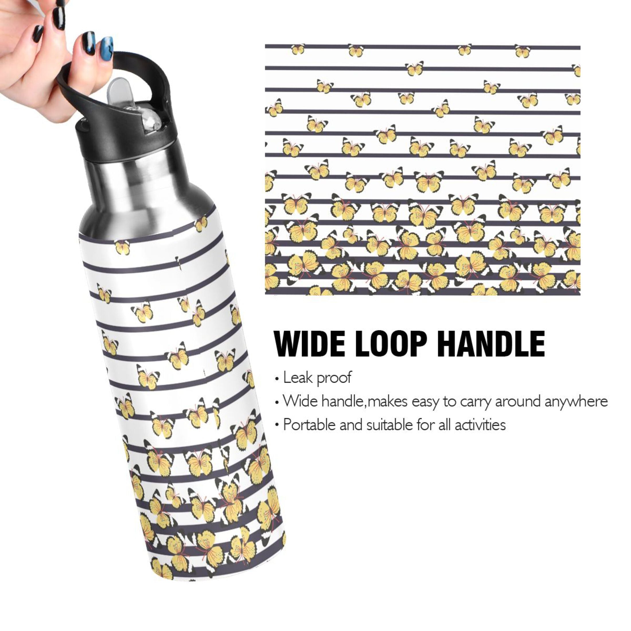 Navy Blue Striped Stainless Steel Vacuum Insulated Water Bottle with Straw Lid 20 OZ D578