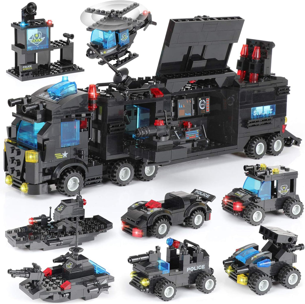 1110 PCS SWAT City Police Station Mobile Command Center Truck Car Building Blocks Set with Storage Box I866760